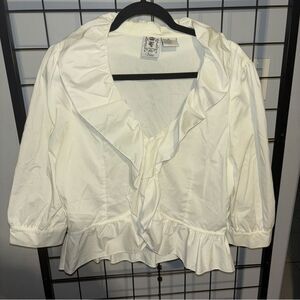 Vintage White Puff Sleeve V-Neck Peplum Blouse